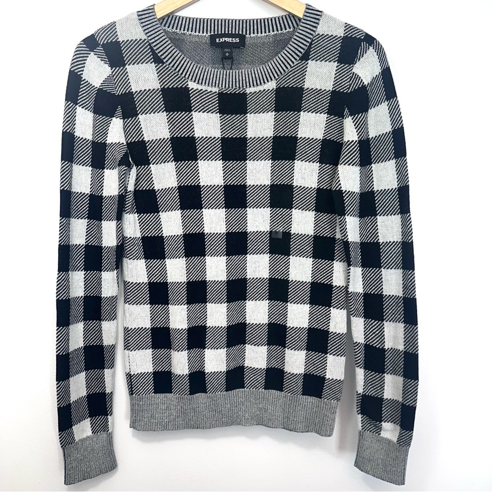 Express Sweater Medium Black White Checkered Crewneck Pullover 100% Cotton NWT